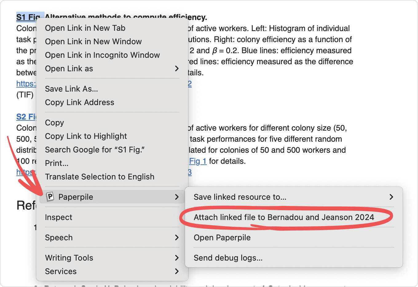 A browser right-click menu on a supplementary file link with the Paperpile submenu open and a circled “Attach linked file to Bernadou and Jeanson 2024”, above “Save linked resource to…”, “Open Paperpile” and “Send debug logs…”.